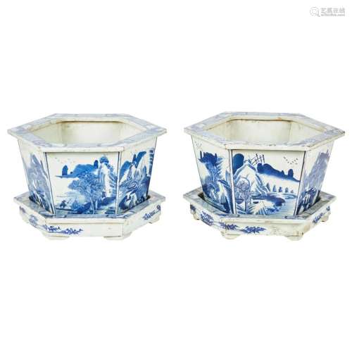 Pair of Chinese Blue and White Cachepots with Underplates