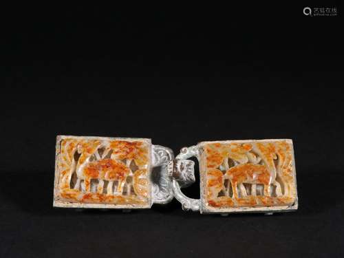 Hetian jade inlaid copper seed makings deer grain belt buckl...