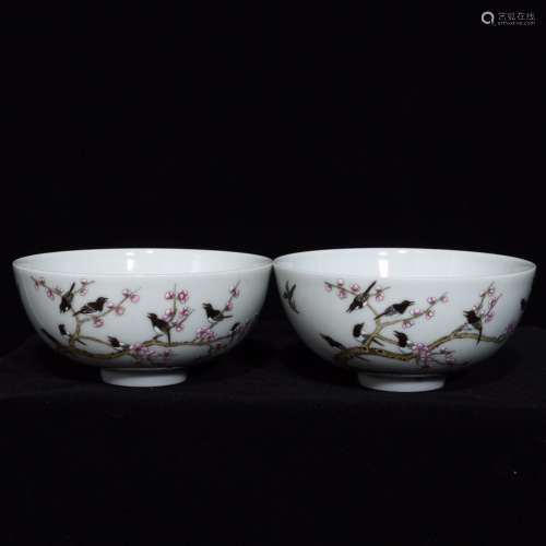 A pair of ring powder enamel magpie MeiWen bowlSize: 6 cm di...