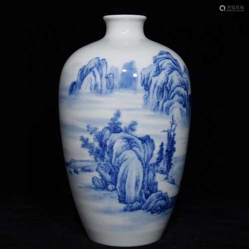 Blue and white landscape, grain mei bottleHigh 24 diameter o...