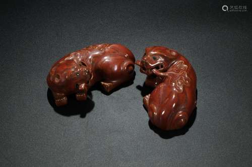 Lion, red glaze furnishing articles of a coupleSize: 4.8 wid...