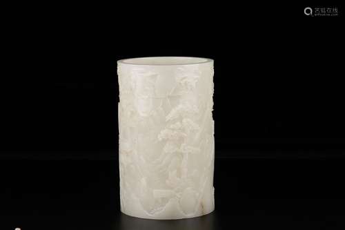 Hetian jade scenery scenery pen containerSize: 14 cm high ca...