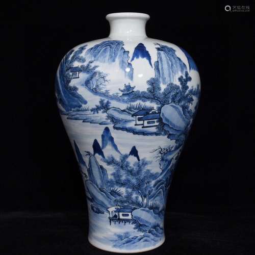 Blue and white landscape pattern mei bottle, high and diamet...
