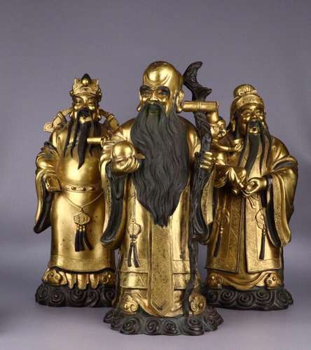 : "worship" in copper gilding, fu lu shou stands r...