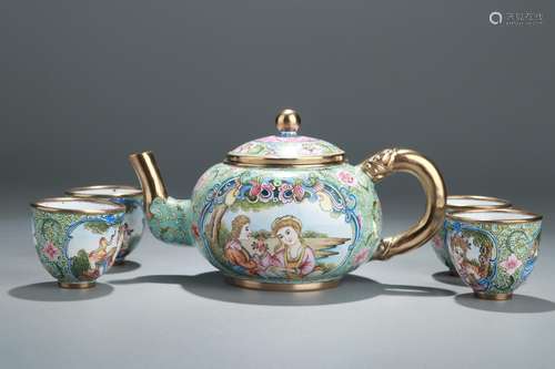 : "" copper foetus painted enamel green flower tea...