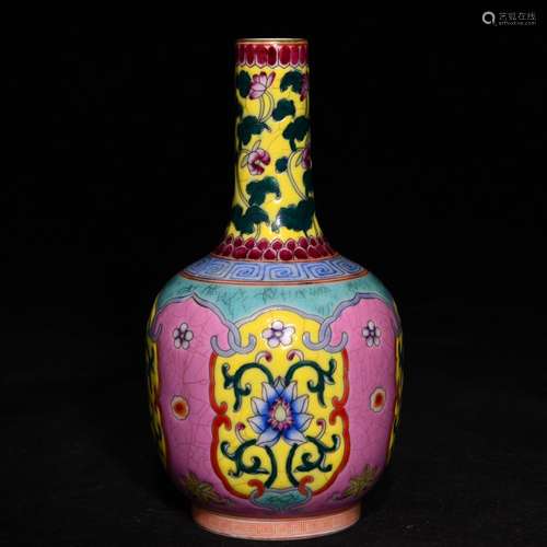 Colored enamel floral print flask, high and diameter of 7.5