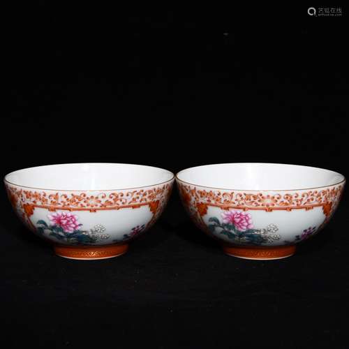 Coral red window pastel flowers green-splashed bowls, high c...