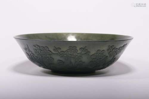 CHINESE INSCRIBED HETIN JADE JASPER BOWL WITH CARVED 'FL...