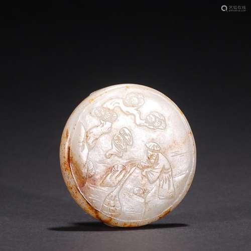 CHINESE HETIAN JADE BELT BUCKLE WITH CARVED 'FIGURE STOR...