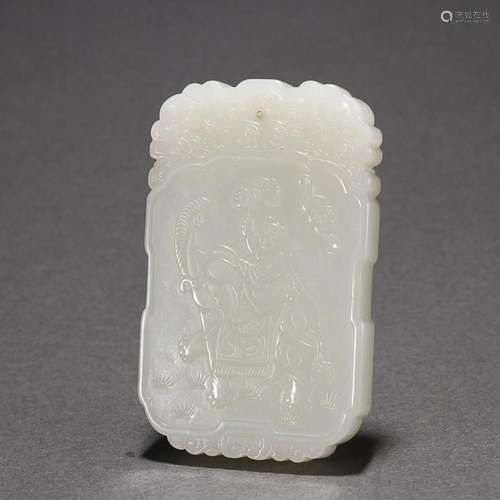 CHINESE HETIAN JADE PLAQUE WITH CARVED 'BOY ON ELEPHANT&...