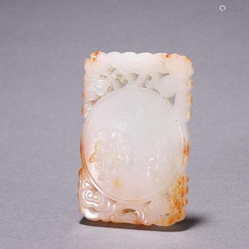 CHINESE HETIAN JADE PLAQUE WITH CARVED 'CHILDREN AT PLAY...