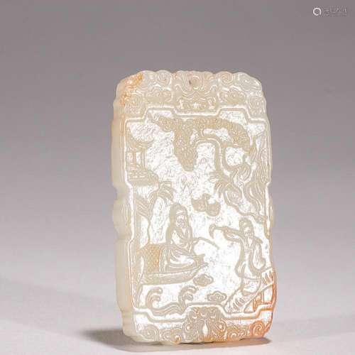 CHINESE HETIAN JADE PLAQUE WITH CARVED 'FIGURE STORY'...