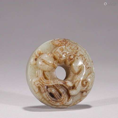 CHINESE HETIAN JADE BI DISC WITH CARVED 'LION'