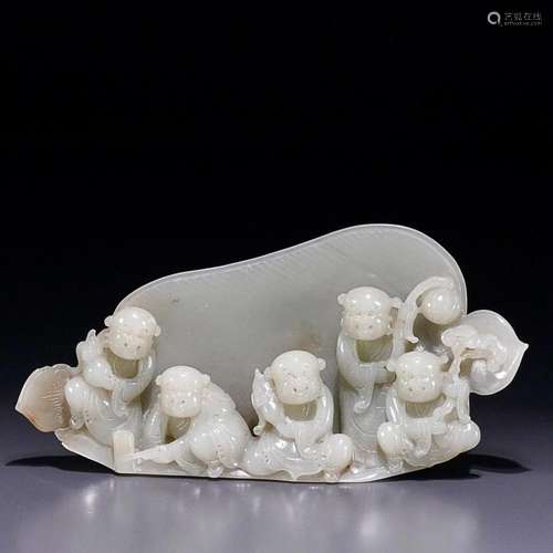 CHINESE HETIAN JADE FIGURE AND FAN