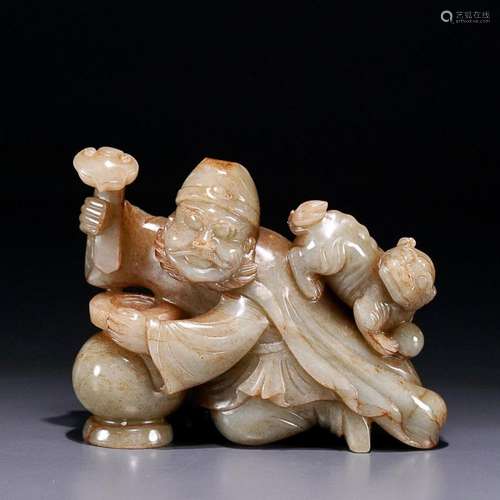 CHINESE HETIAN JADE FIGURE OF BARBARIAN AND LION