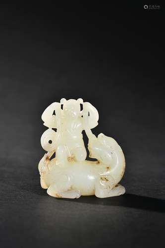 CHINESE HETIAN JADE FIGURE OF BOY AND BEAST