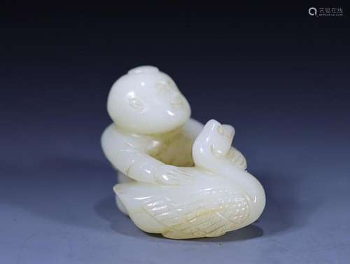 CHINESE HETIAN JADE FIGURE OF BOY AND GOOSE