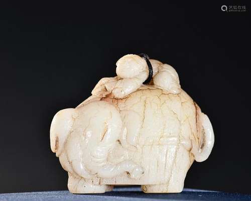 CHINESE HETIAN JADE FIGURE OF BOY ON ELEPHANT