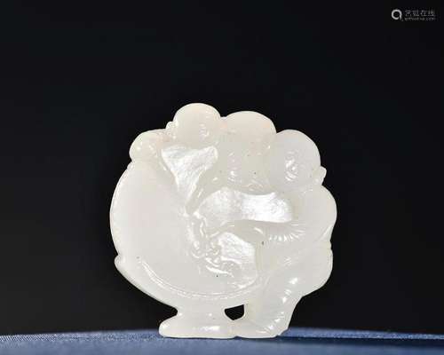 CHINESE HETIAN JADE FIGURE OF BOY PLAYING DRUM