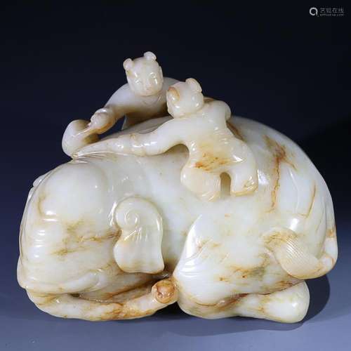 CHINESE HETIAN JADE FIGURE OF BOY WASH ELEPHANT