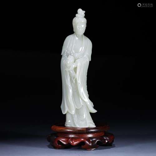 CHINESE HETIAN JADE FIGURE OF GUANYIN