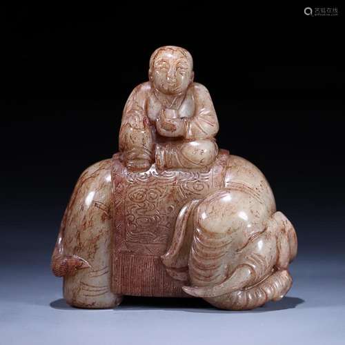 CHINESE HETIAN JADE FIGURE ON ELEPHANT