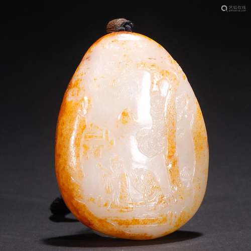 CHINESE HETIAN JADE ORNAMENT WITH CARVED 'FIGURE STORY&#...