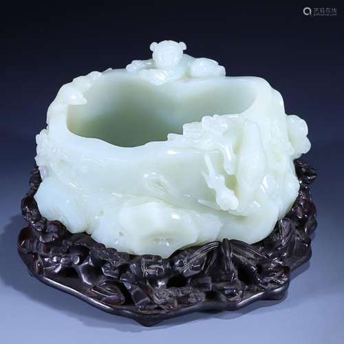 CHINESE HETIAN JADE WATER JAR WITH CARVED 'BOY AND BIRD&...