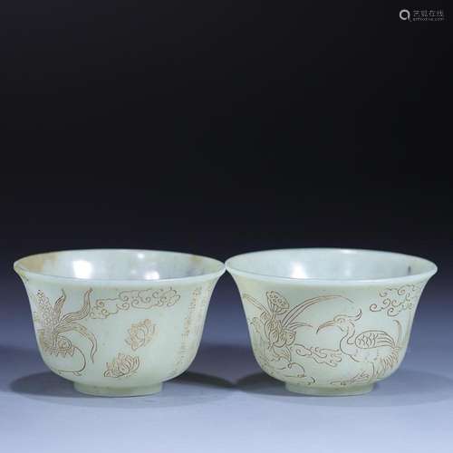 TWO CHINESE HETIAN JADE CUPS