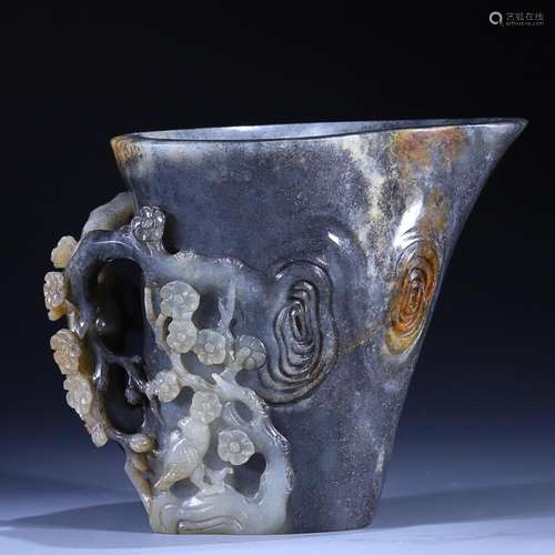 CHINESE HETIAN BLACK-AND-WHITE JADE CUP WITH CARVED 'BIR...