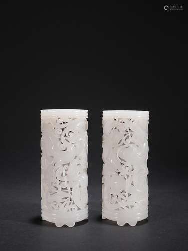 TWO CHINESE HETIAN WHITE JADE OPENWORK INCENSE POTS WITH CAR...