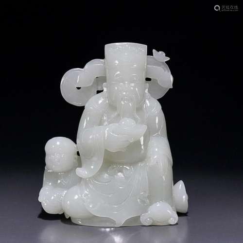 CHINESE HETIAN WHITE JADE FIGURE OF CAISHEN