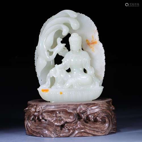 CHINESE HETIAN WHITE JADE FIGURE OF GUANYIN