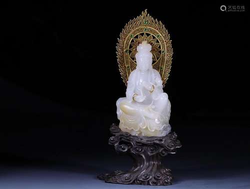 CHINESE HETIAN WHITE JADE FIGURE OF GUANYIN