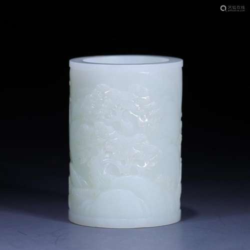 CHINESE HETIAN WHITE JADE BRUSHPOT WITH CARVED 'FIGURE S...