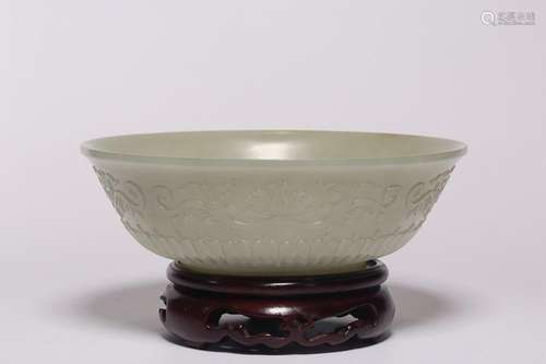 CHINESE HETIAN WHITE JADE BOWL WITH CARVED 'FLORAL'