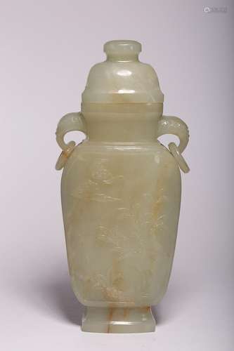 CHINESE HETIAN WHITE JADE ELEPHANT-HANDLED VASE WITH CARVED ...