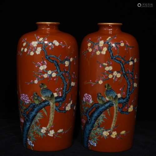 Alum red powder enamel grain mei bottleSize: 19 cm high 9.5 ...