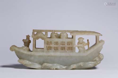 Furnishing articles, hotan white jade cross line boat14.3 cm...