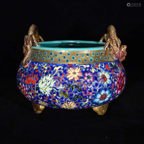 Colored enamel floral print panlong furnace, 12 x 15 cm