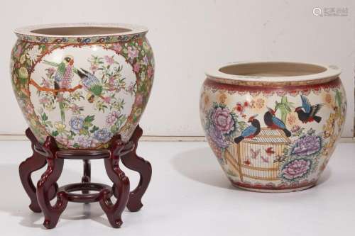 Two Chinese polychrome decorated porcelain jardinieres