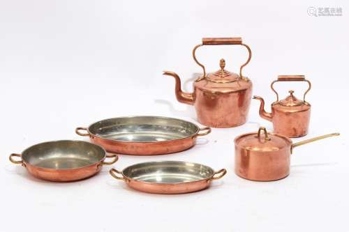 A six piece group of copper cookware, 20th century