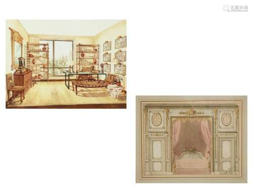 A watercolor rendering of a Neoclassical designed interior a...