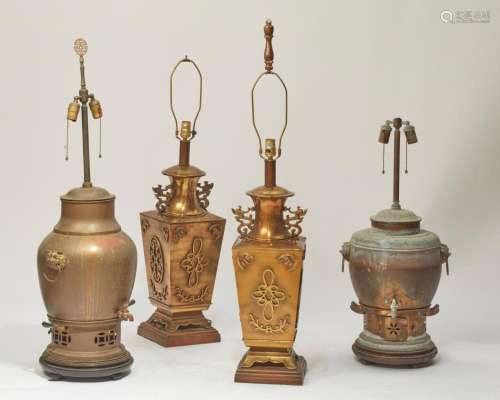 A group of four Chinese patinated metal lamps