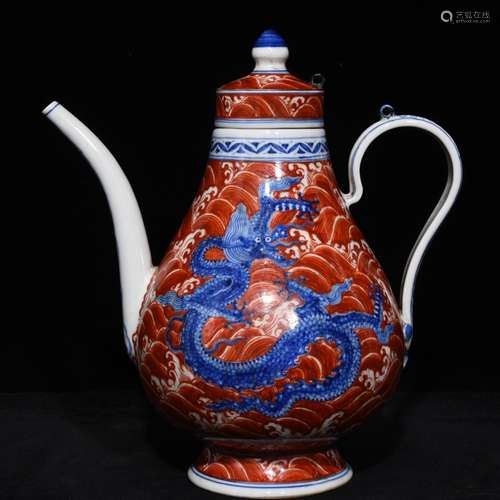 Blue and white alum red dragon grain ewer 24 x22