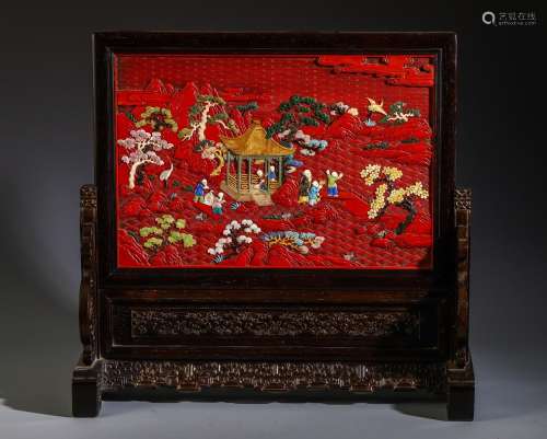 Stories of red sandalwood carved lacquerware plaque, the pla...