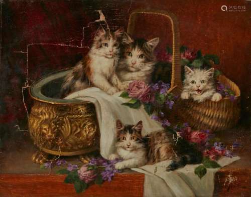 Jules Leroy (French, 1833-1865), Mischevious kittens, oil, 1...