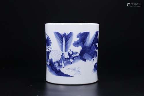 Brush pot, blue and white landscape character storySize: 21 ...