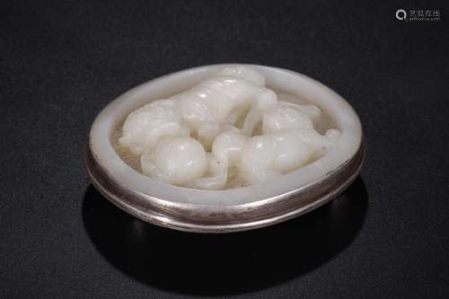 : silver inlaid hetian jade lion play ball buckleSize: 7.4 c...