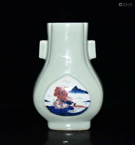 Blue and white youligong landscape square pea green glaze wi...